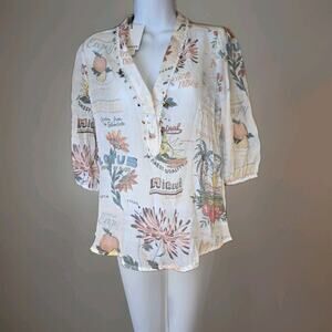 Nwt Alex & Parker Linen Button Up Top Beige Flora And Fauna Print Sz SP